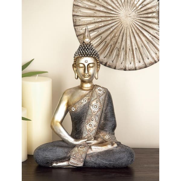 Litton Lane Brass Polystone Meditating Buddha Sculpture with Engraved Carvings and Relief Detailing