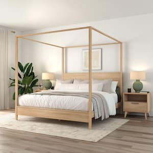 Haven Beige Wood Frame King Canopy Bed with Solid Wood