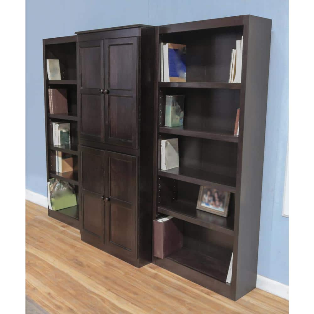 Espresso Finish Adjustable Wood Bookcase Wall with Doors, 72" Tall