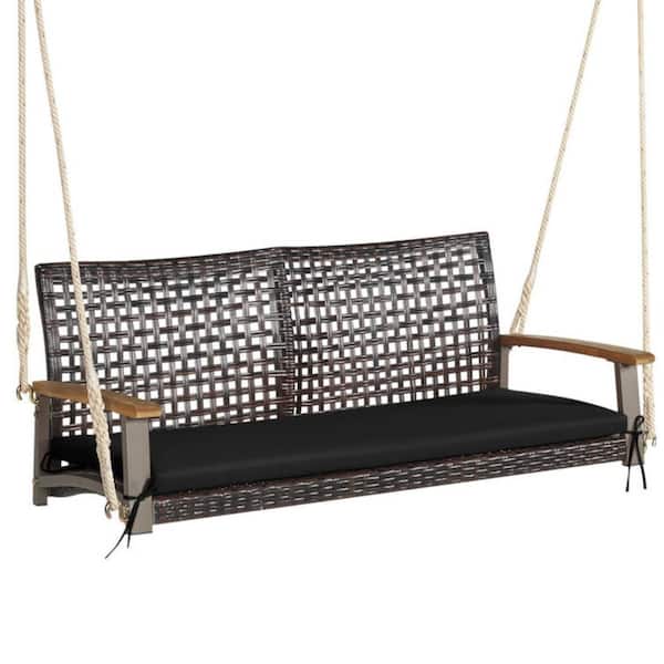 Kadehome 2-Person Wicker Hanging Porch Swing Chair with Cushion in Black