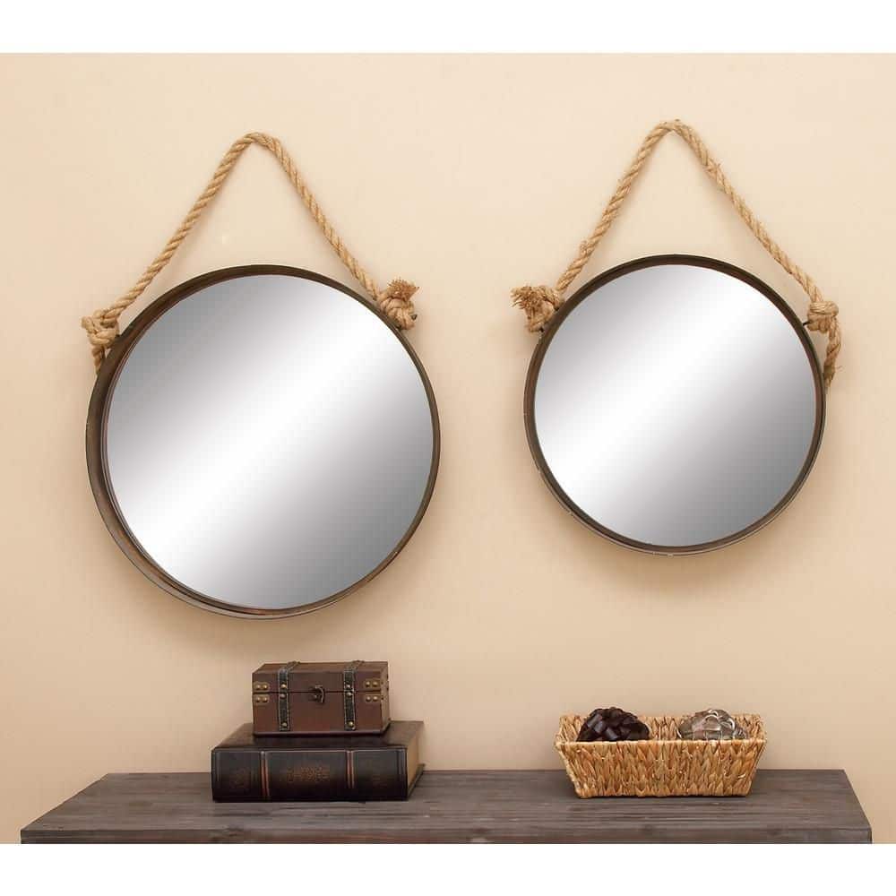 Brown Round Metal Wall Mirrors with Jute Rope Set