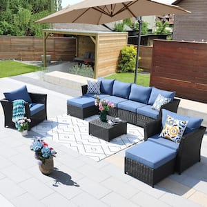 Minerva Brown 9-Piece Wicker Outdoor Patio Conversation Sectional Sofa Set with Blue Cushions