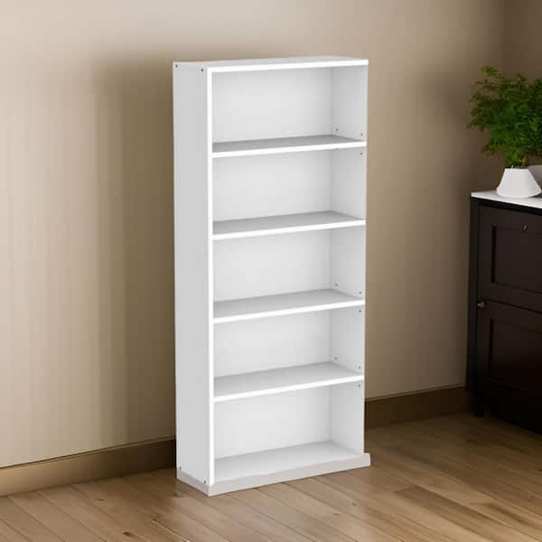 Benjara 52.76 in. Tall White Wood 5-Shelf Standard Bookcase with Stable Plinth Base