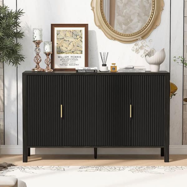 Black MDF 57.5 in. Buffet Sideboard with Back-of-Door Racks, Side Hooks and Adjustable Shelves
