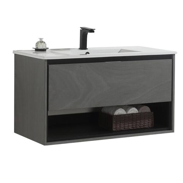 JimsMaison Eimi 36 in. W x 18 in. D x 20 in. H Bathroom Vanity Side Cabinet in Grey Ebony with White Ceramic Top