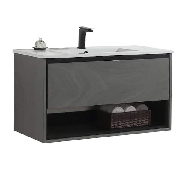 JimsMaison Eimi 40 in. W x 18 in. D x 20 in. H Bathroom Vanity Side Cabinet in Grey Ebony with White Ceramic Top