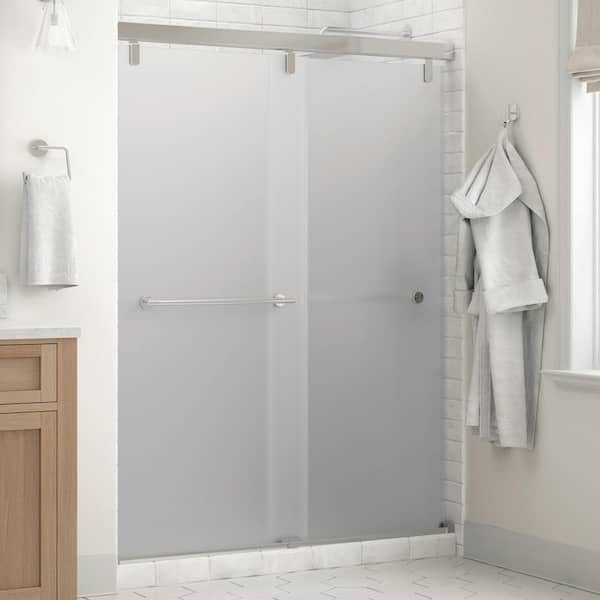 Delta Crestfield Mod 50-1/8 to 58-1/2 in. W x 71-1/2 in. H Soft-Close Frameless Sliding Shower Door, Chrome, Frosted Glass
