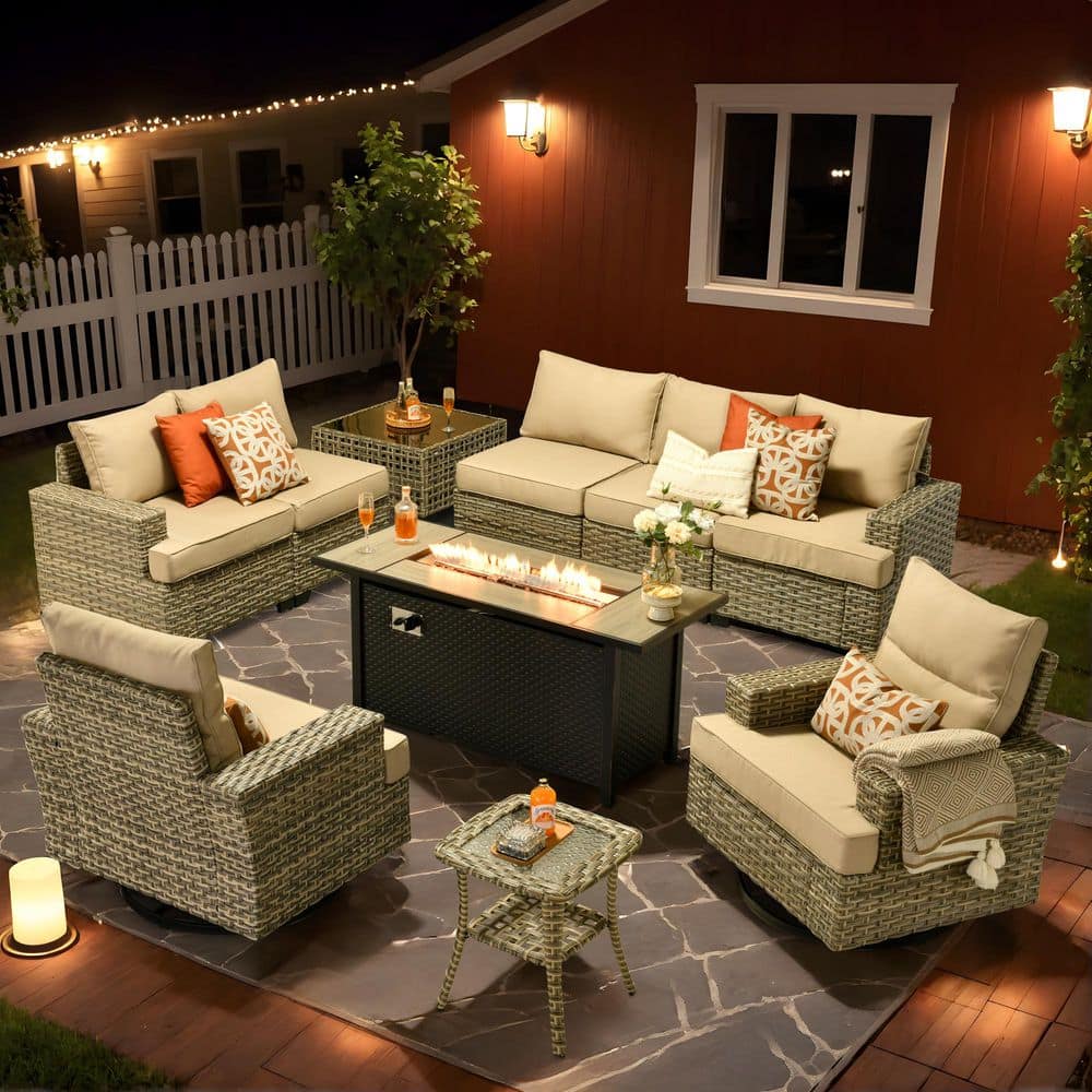 Tiberty Gray 10-Piece Wicker Patio 54 in. Rectangle Fire Pit Conversation Set with Beige Cushions and Swivel Chairs price history on PriceWatchPro