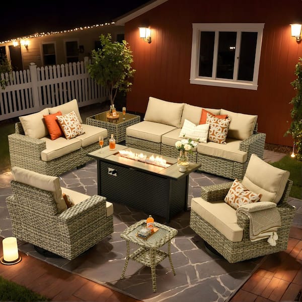 OVIOS Tiberty Gray 10-Piece Wicker Patio 54 in. Rectangle Fire Pit Conversation Set with Beige Cushions and Swivel Chairs