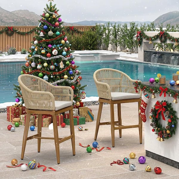 Modern Aluminum Rattan Counter Height Outdoor Bar Stool with Back and Beige Cushion (2-Pack)