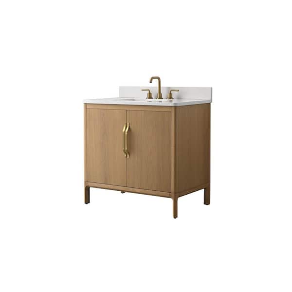 36 in. Single Sink Freestanding Bath Vanity with White Engineered Stone Top Power Outlet and Storage Assembled in Brown
