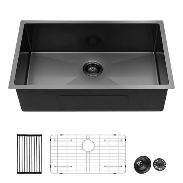 Gunmetal Black Kitchen Sink, 30"x18"x10" Undermount Single Bowl Basin, 16 Gauge Stainless Steel with 10-Inch Depth