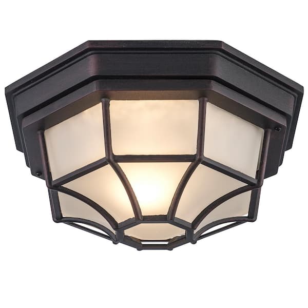 Bel Air Lighting Benkert 11 in. 1-Light Rust Outdoor Flush Mount Ceiling Light Fixture with Frosted Glass
