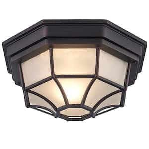 Benkert 11 in. 1-Light Rust Outdoor Flush Mount Ceiling Light Fixture with Frosted Glass