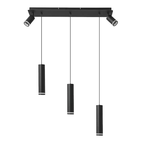 PUDO 30.7 in. 5-Light Cylinder Linear LED Black Pendant Light with Adjustable and Spotlight