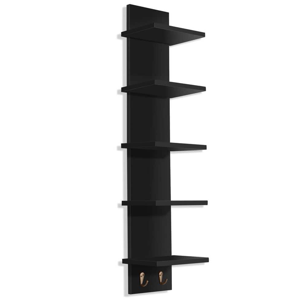 5 Tier Wall Shelf Unit with Hooks, 6 in. W x 5 in. D Black MDF Decorative W