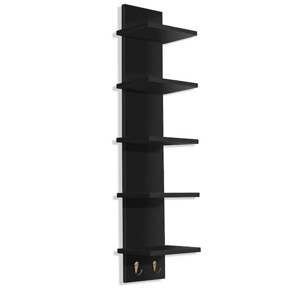 5 Tier Wall Shelf Unit with Hooks, 6 in. W x 5 in. D Black MDF Decorative Wall Shelf, Column Utility Shelving