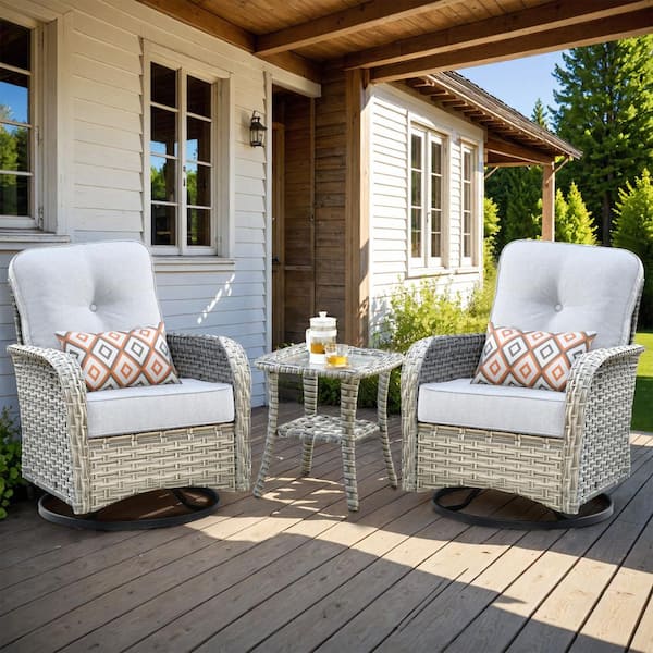 HOOOWOOO Clara 3-Piece Wicker Outdoor Patio Conversation Swivel Chair Set with a Side Table and Light Grey Cushions