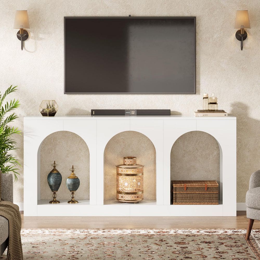 Turrella 70.9 in. White Rectangle MDF Entryway Console Table with 3 Arched Shelves for Hallway