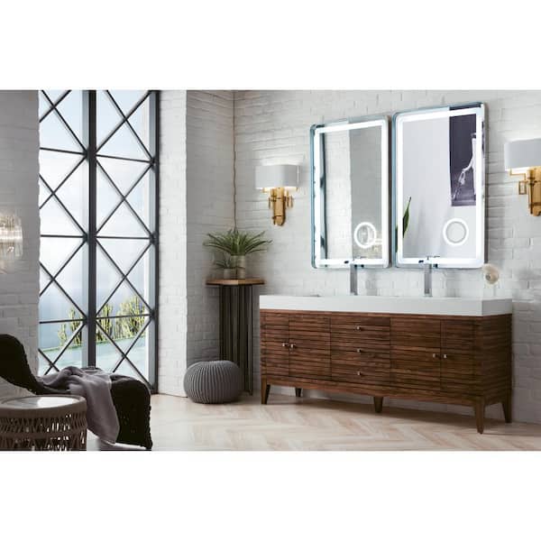 Linear 72.5 in. W x 19 in.D x 34.3 in.H Double Bath Vanity in Mid Century Walnut with Solid Surface Top in Glossy White