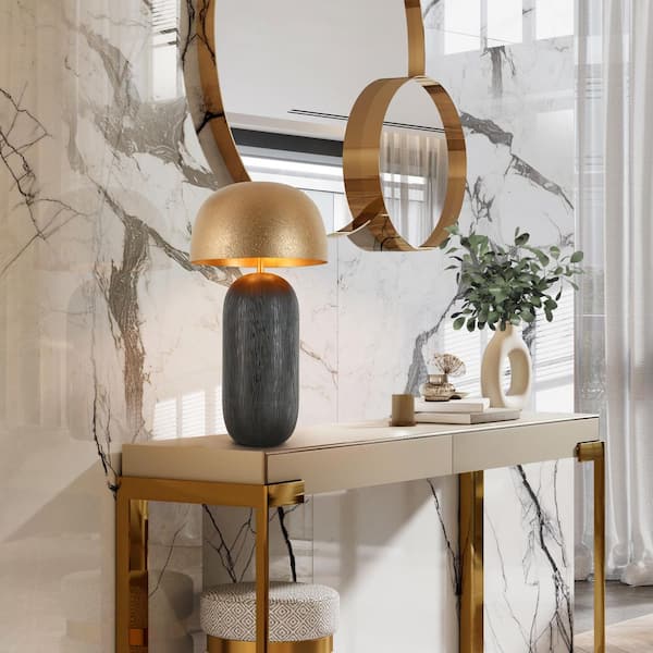 Hecatonimos 25.6 in. Black Modern Bedroom Mushroom Table Lamp with Aged Gold Exterior and Goldleaf Interior Metal Shade