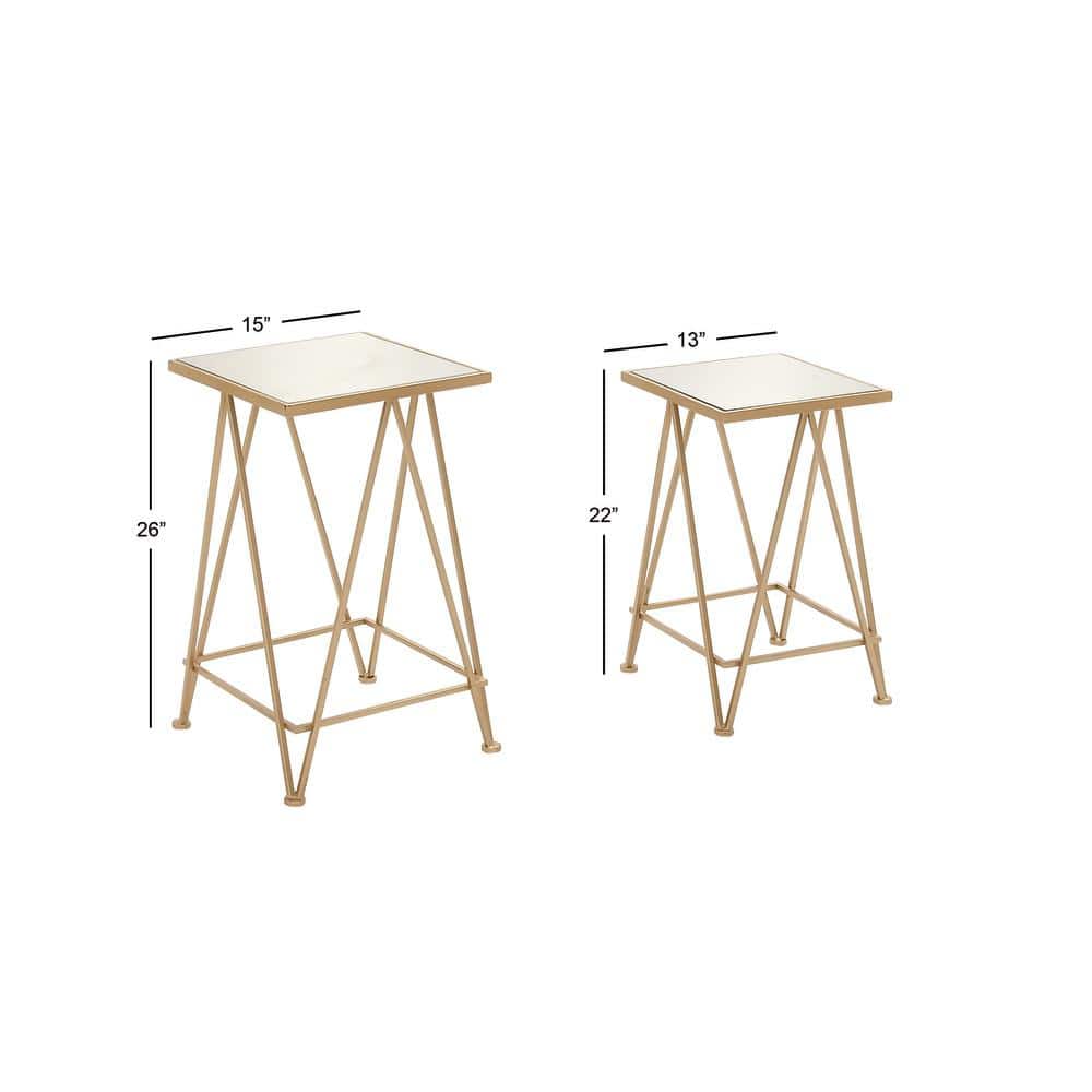 Sleek Gold Metal and Mirrored Glass Square Accent Table Set
