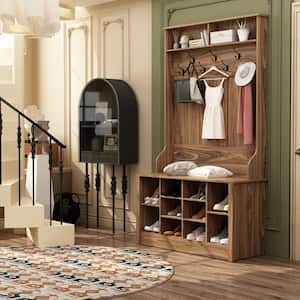 68.5 in. H Brown Wood 3-in-1 Freestanding Coat Rack Shoe Storage with 7-Metal Double Hooks and Bench