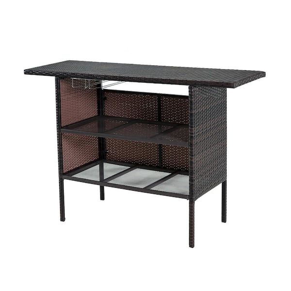 Unbranded Brown Rectangle PE Wicker Patio Outdoor Bistro Counter Table, with Shelves, UV resistant, for Poolside, Backyard