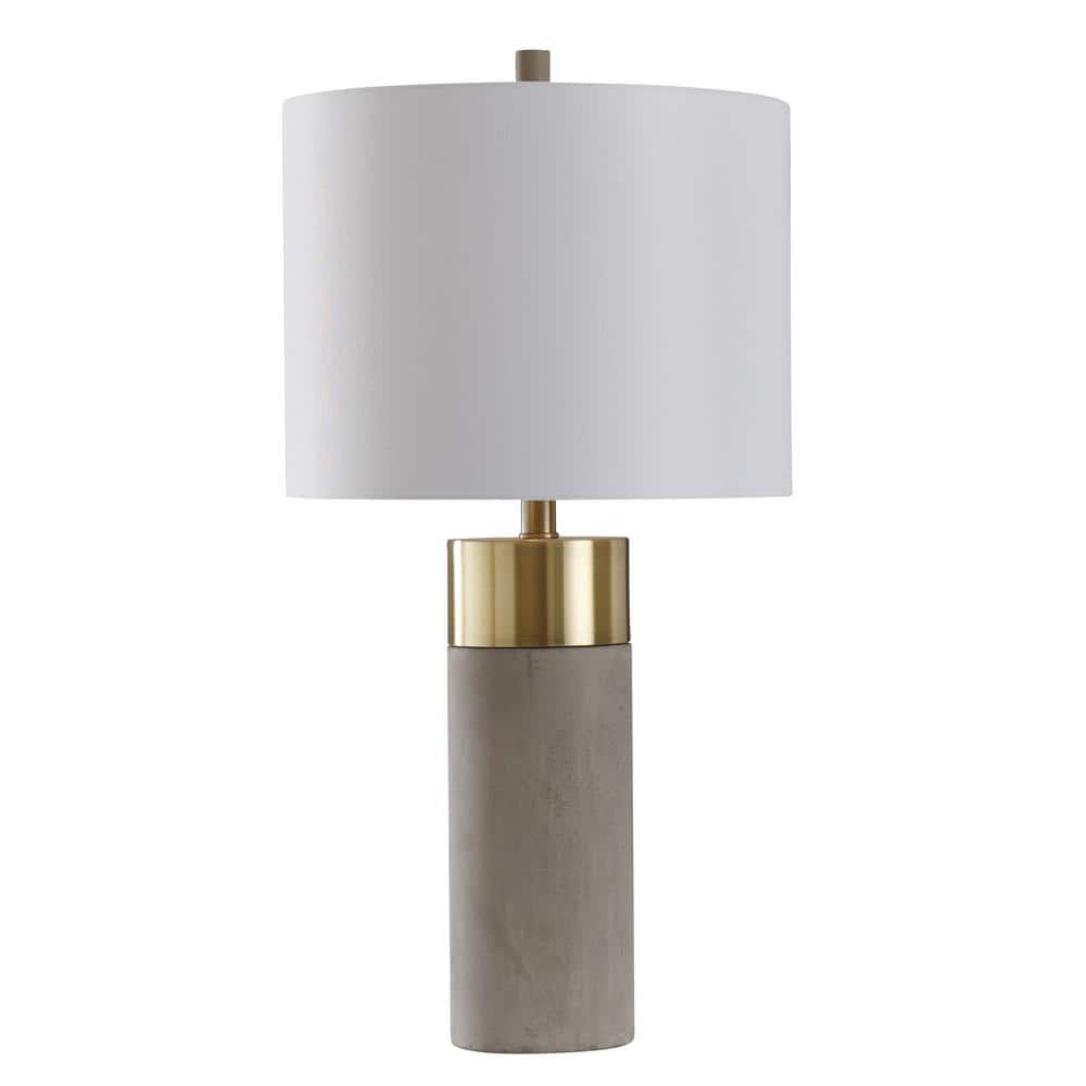 White Concrete and Brass Table Lamp with Drum Shade