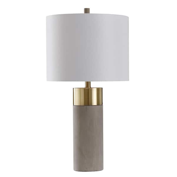StyleCraft 27.75 in. Soft Brass/Natural Concrete Table Lamp with Brussels White Hardback Fabric Shade
