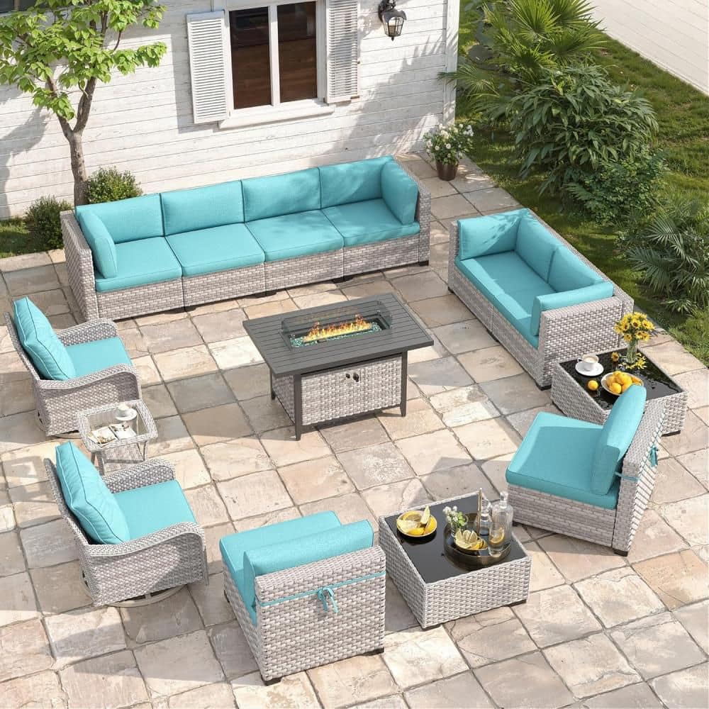 14-Piece Wicker Outdoor Patio Conversation Seating Set with Blue Cushions & 55,000 BTU Fire Pit Table price history on PriceWatchPro