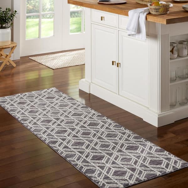 Everyday Walker Modern Diamond Dark Grey 24 in. x 72 in. Machine Washable Runner Kitchen Mat