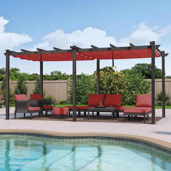 PURPLE LEAF 12 ft. x 18 ft. Gray Aluminum Frame Outdoor Patio Pergola Gazebo with Red Retractable Sun Shade Canopy for Porch