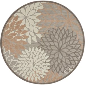 Aloha Natural 4 ft. x 4 ft. Round Floral Modern Indoor/Outdoor Patio Area Rug