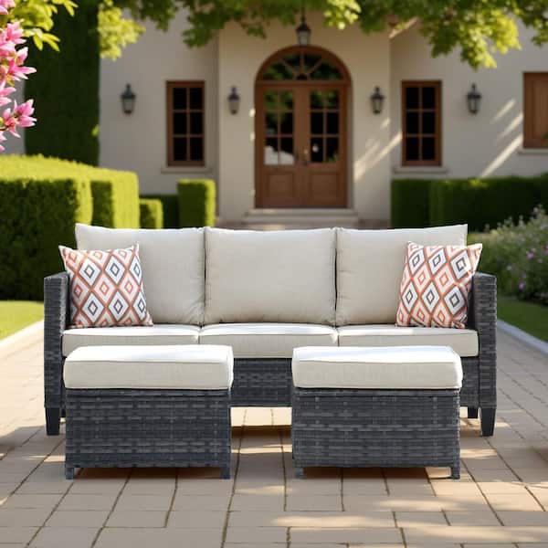 OVIOS New Vultros Gray 3-Piece Wicker Outdoor Lounge Chair with Beige Cushions and 2 Ottomans