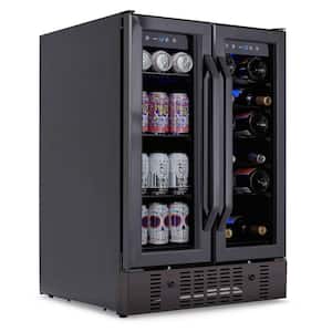 24 in. 18 Wine Bottles 60 Cans Built-in Dual Zone Beverage & Wine Cooler in Black Stainless Steel with French Doors
