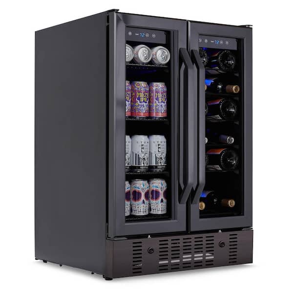 NewAir 24 in. 18 Wine Bottles 60 Cans Built-in Dual Zone Beverage & Wine Cooler in Black Stainless Steel with French Doors