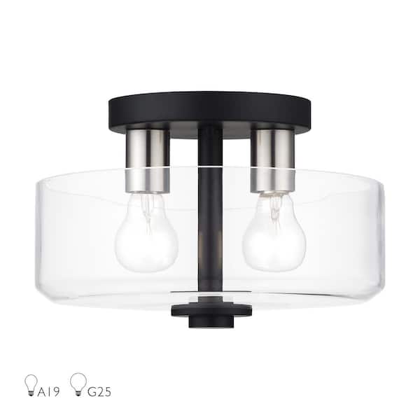 Livex Lighting Whitworth 12.25 in. 2-Light Black Semi Flush Mount with White Clear Glass