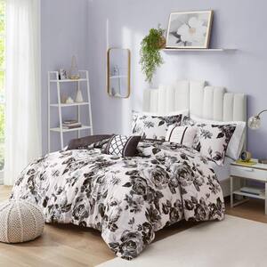 Renee 4-Piece Black/White Microfiber Twin XL Floral Print Comforter Set