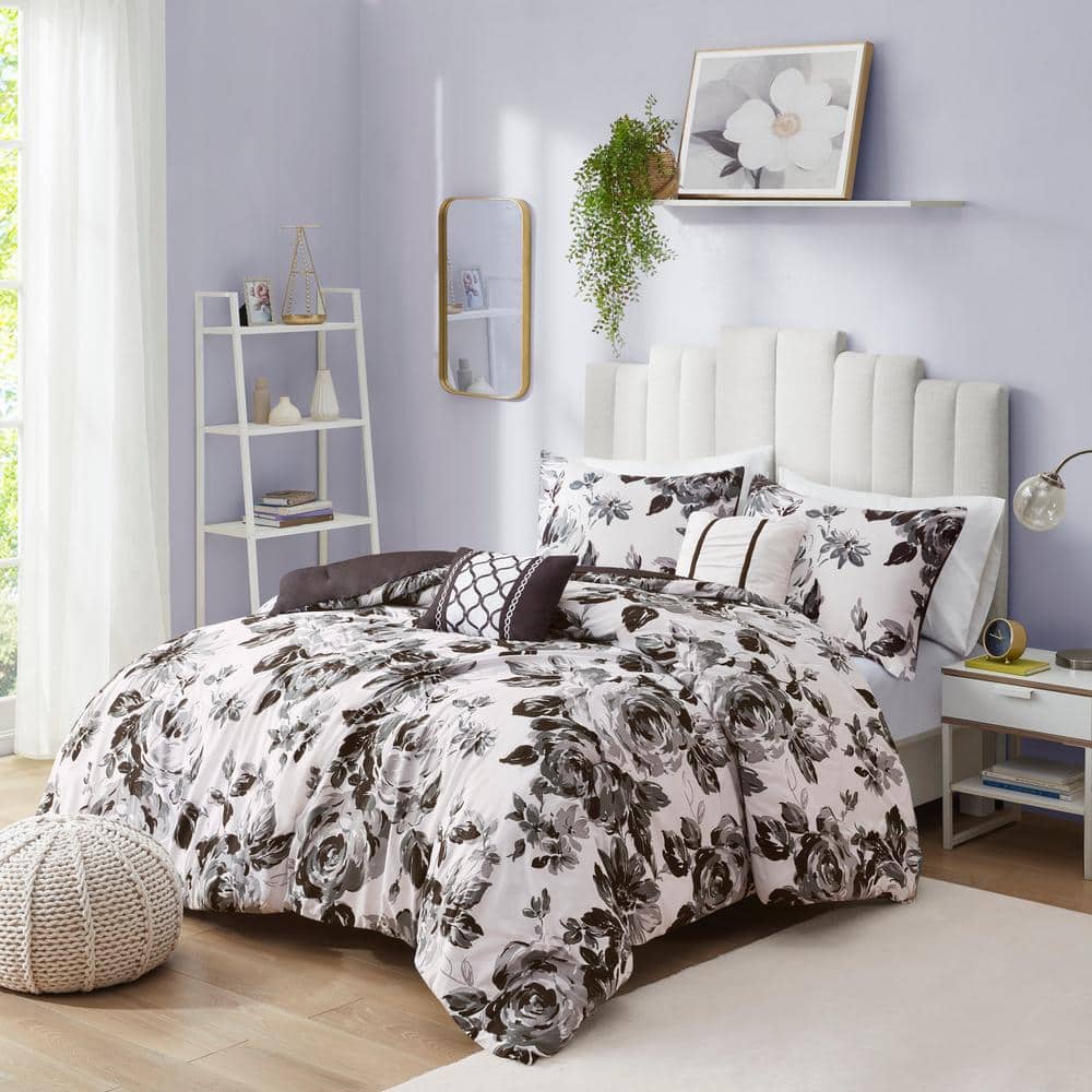 Intelligent Design Renee 5-Piece Black/White Full/Queen Floral Print Comforter  Set ID10-1591 - The Home Depot
