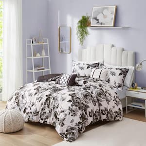 Renee 5-Piece Black/White Full/Queen Floral Print Comforter Set