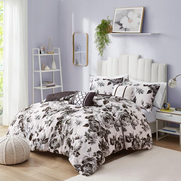 Intelligent Design Renee 5-Piece Black/White Full/Queen Floral Print Comforter Set