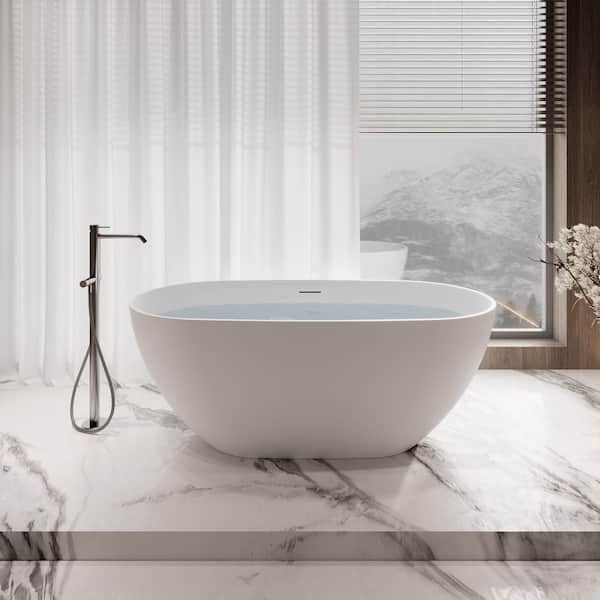 59 in. x 30 in. NS5860CH Stone Resin Freestanding Soaking Bathtub in Matte White with Polished Chrome Drain, Bamboo Tray