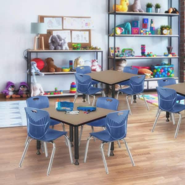Kee 42 in. Square Noble Oak Adjustable Classroom Table Desk with Black Base and 4 Andy 12 in. Blue Stack Chairs