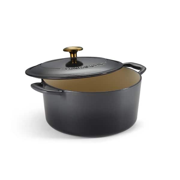 Bestow 5.5 qt. Enameled Cast Iron Round Dutch Oven-Smoke with Gold Stainless Steel Knob