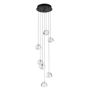 7-Light Black Chassis Crystal Raindrop Chandelier for Stair Kitchen Island with G4 Warm Light Bulbs