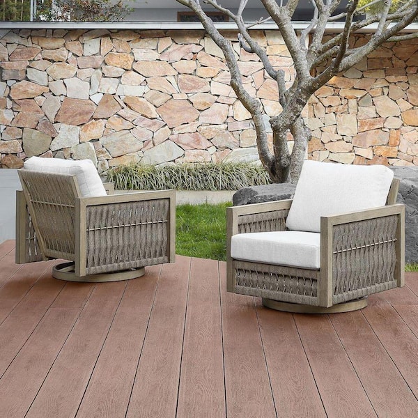 3-Piece Gray Oak Aluminum Rope Weave Patio Conversation Set Wicker Patio Bistro Set with Side Table and Cream Cushions