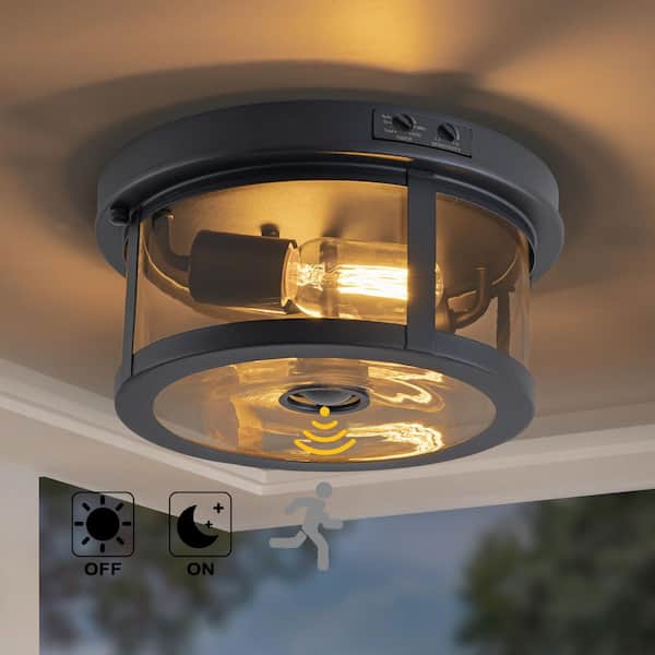 10.5 in. 2-Light Black Motion Sensing Dusk to Dawn Dimmable No Bulb Included Outdoor Flush Mount Ceiling Light (1-Pack)