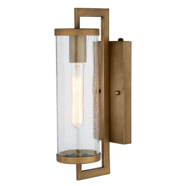 Morgan Park 16 in. H 1-Light Warm Brass Dusk to Dawn Modern Outdoor Cylinder Wall Sconce Lantern, Clear Glass Shade
