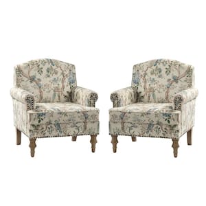 Romain Farmhouse Bird Polyester Spindle Hardwood Armchair with Solid Wood Legs and Rolled Arms Set of 2